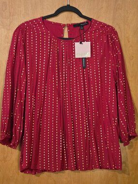 Harve Benard NWT Red 3/4 Sleeve Pintuck blouse Gold metallic dot pattern Large